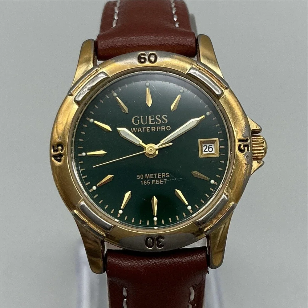 Vintage Guess Waterpro Women Watch 27mm Green Dial Gold Tone Leather New Battery